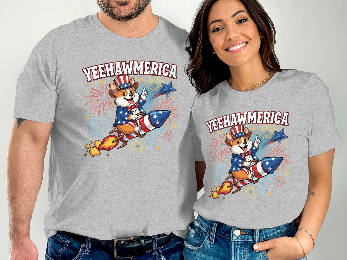 Couple wearing matching "YEEHAWMERICA" shirts with patriotic cartoon designs.