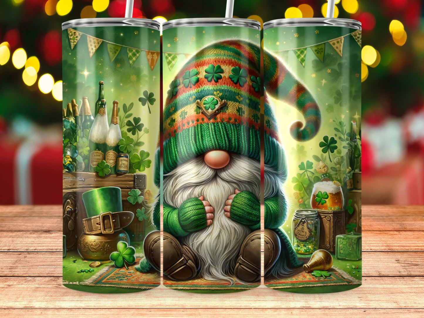 Festive Gnome with Shamrock Greenery Tumbler