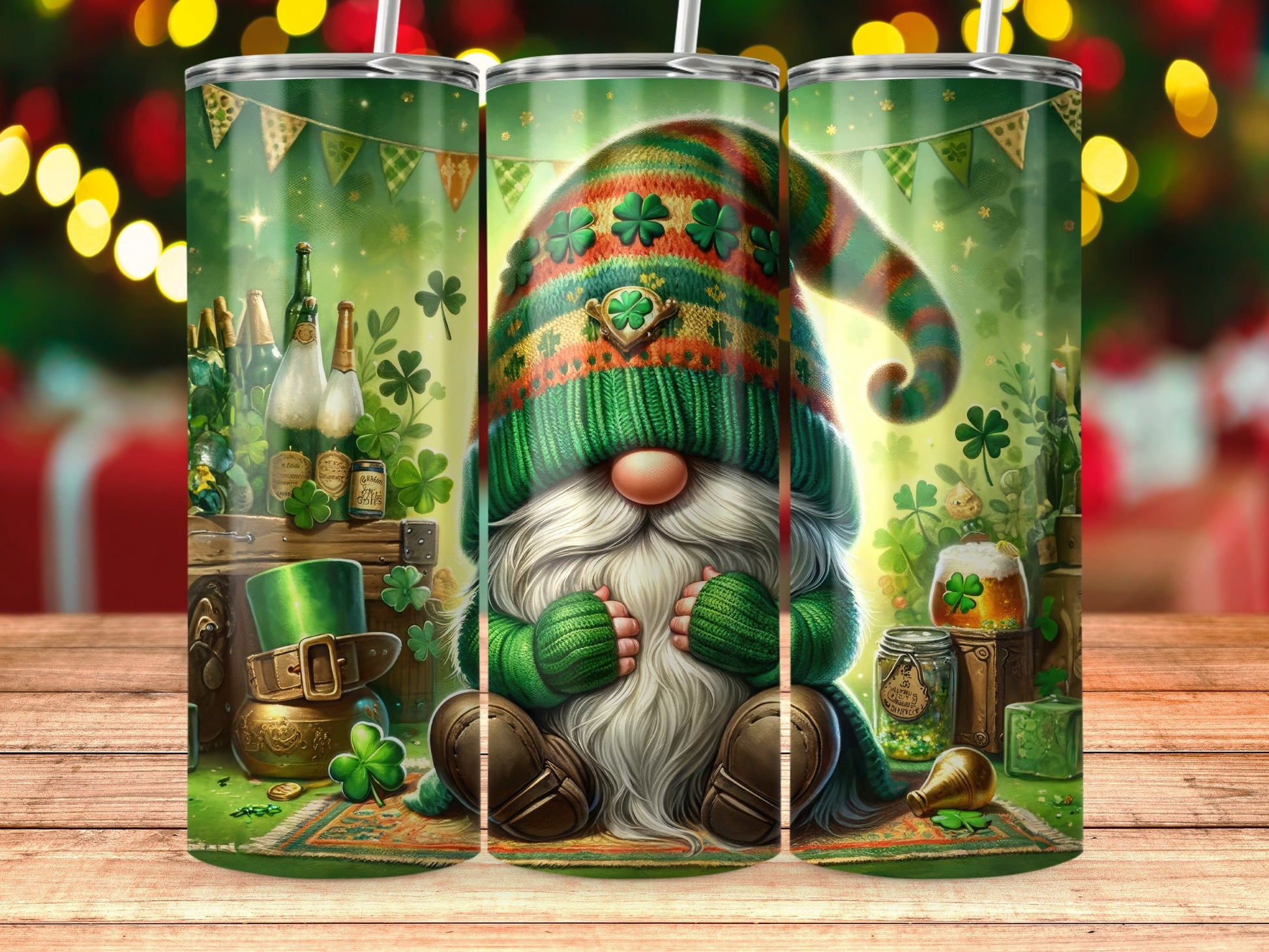 Festive Gnome with Shamrock Greenery Tumbler