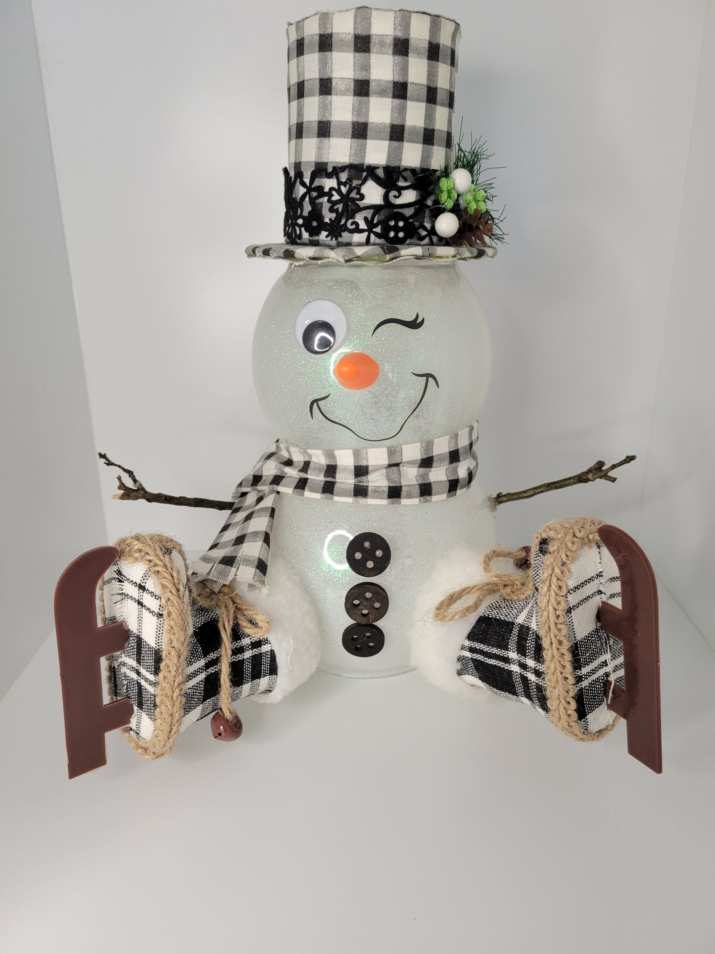 Plaid Hat Snuggling Snowman Decoration for Holiday Decor