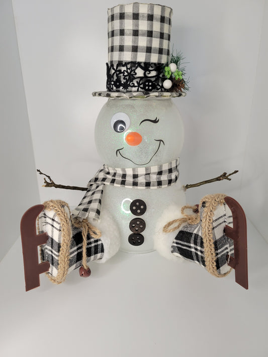 Plaid Hat Snuggling Snowman Decoration for Holiday Decor