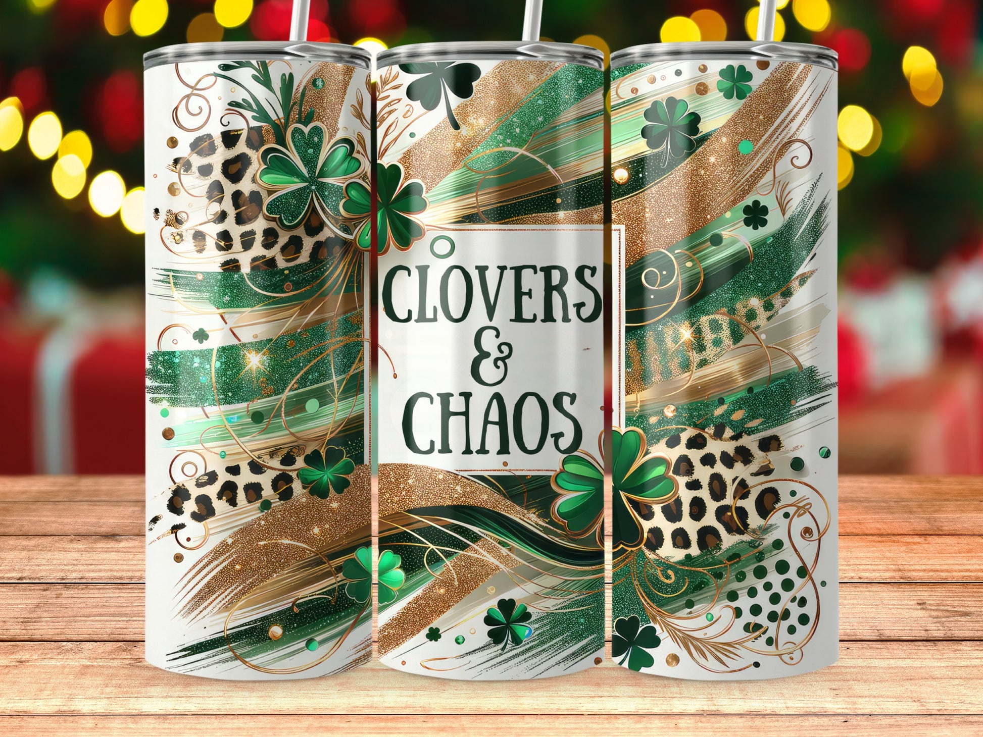 Clovers and Chaos Leopard Glittery St Patrick's Tumbler