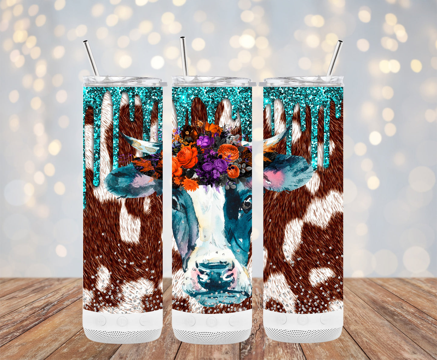 Floral Cow Print Design Glitter Tumbler product type