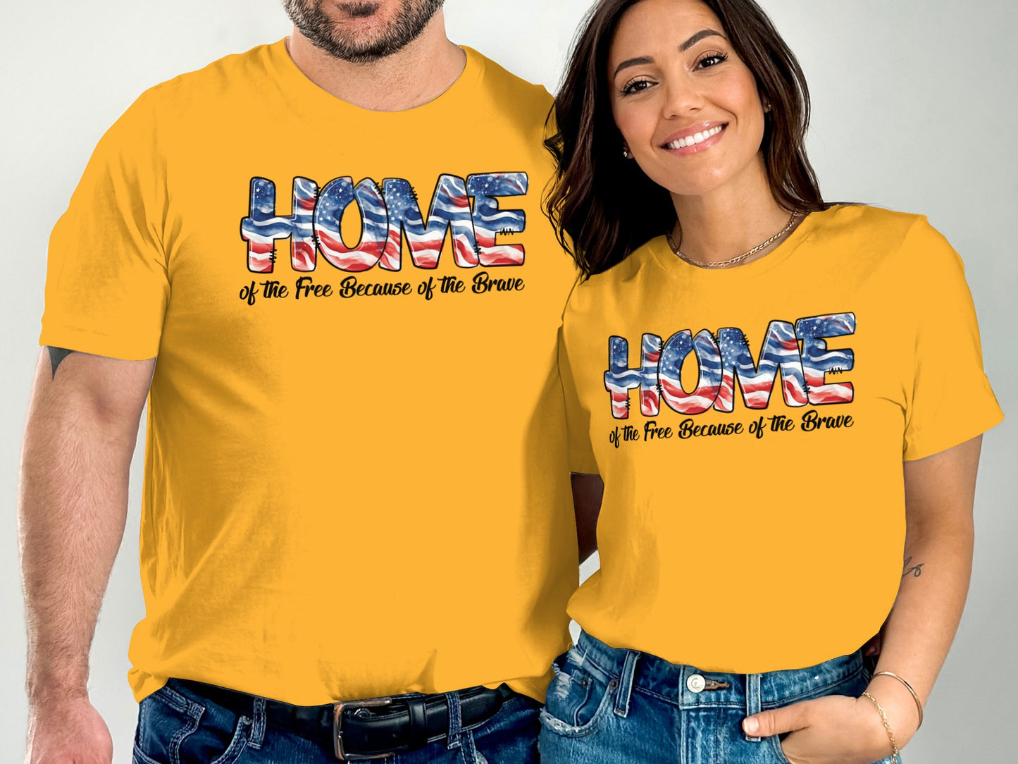 Yellow t-shirts with "HOME of the Free Because of the Brave" text.