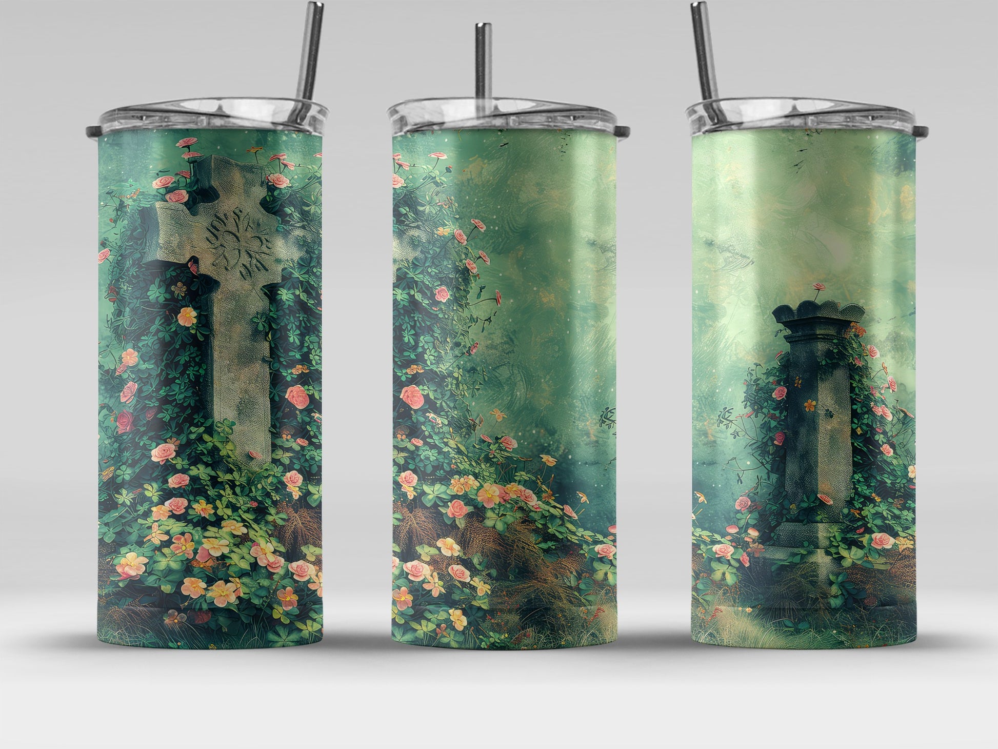 Gothic Stone Cross and Column Floral Design Tumbler