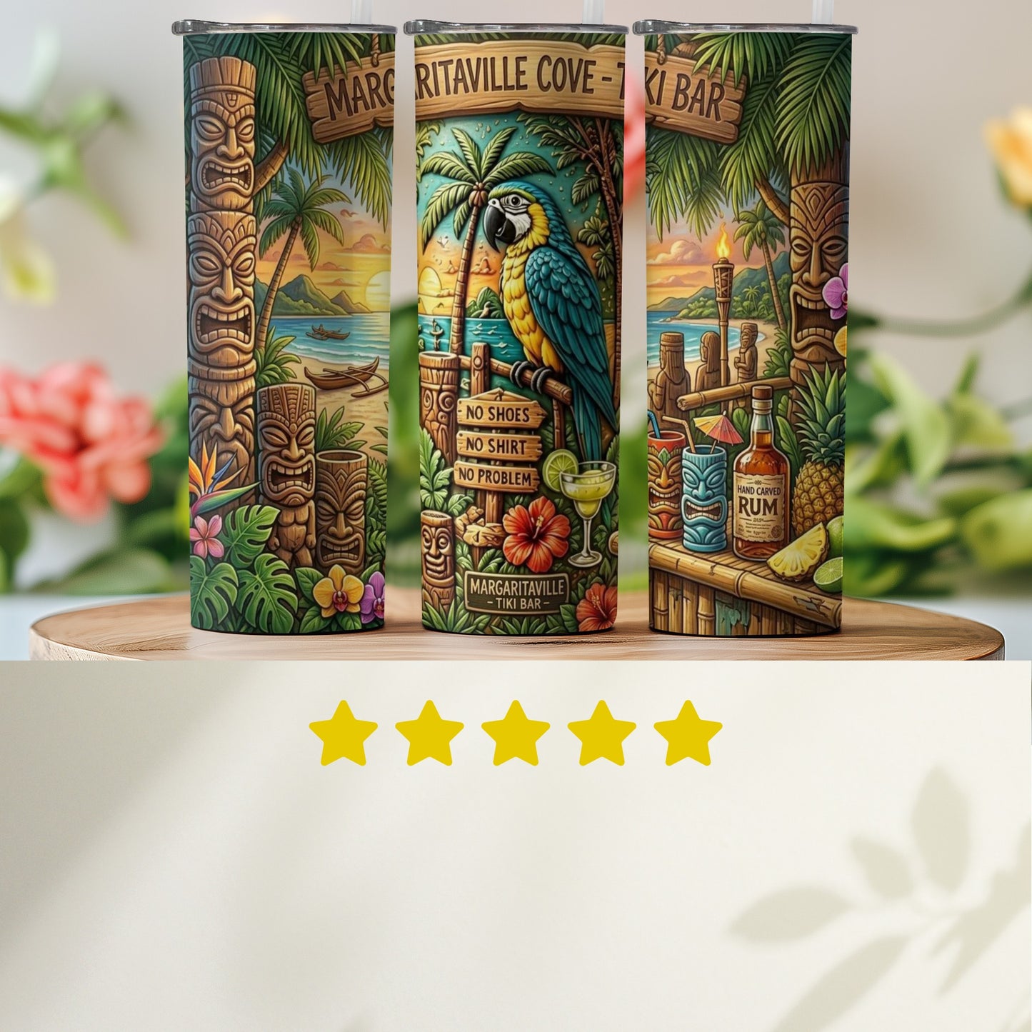 Tiki bar scene on tumblers with parrots, rum, and tropical beach motifs.