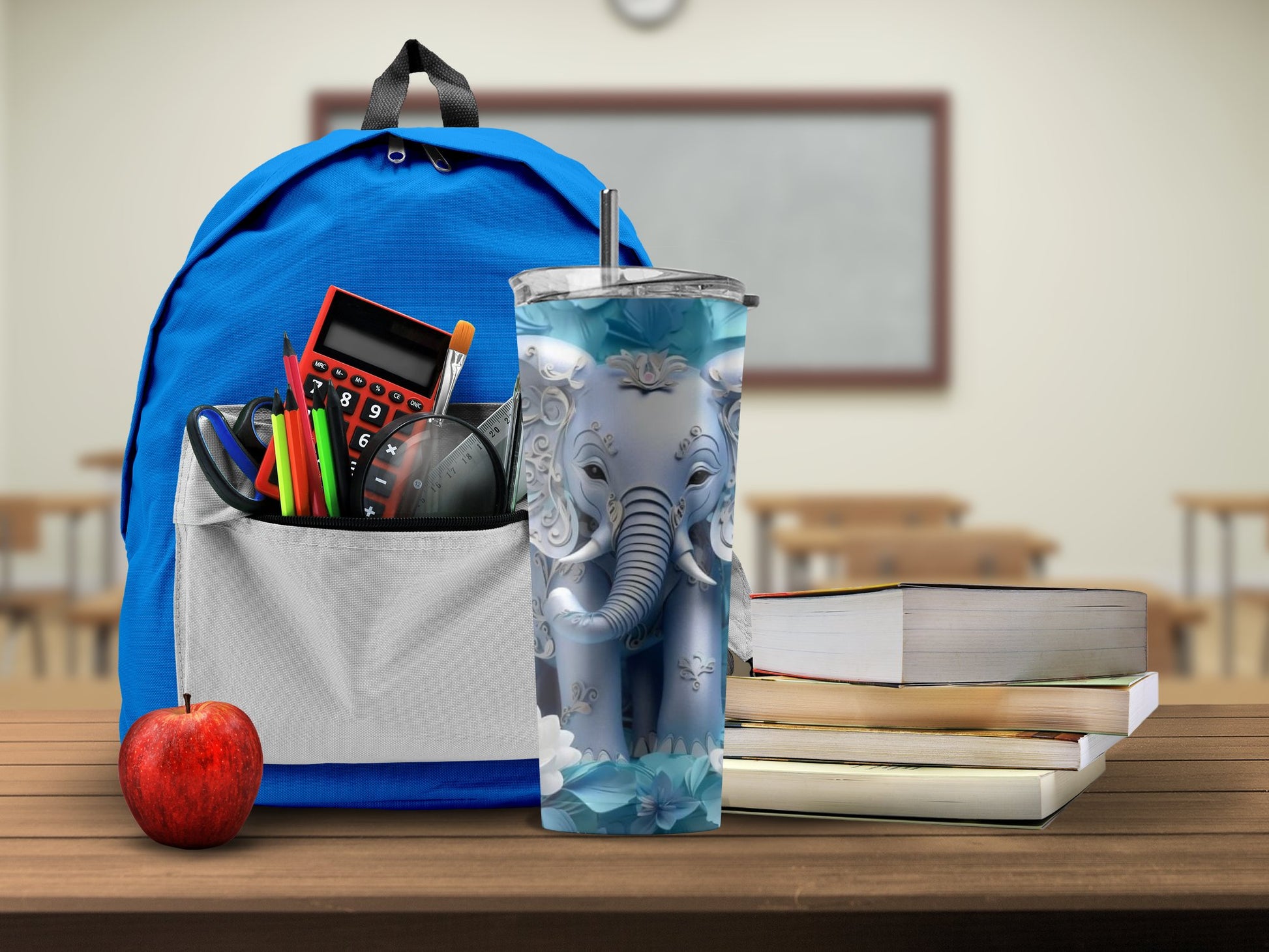Blue Backpack and Elephant Tumbler with School Supplies product