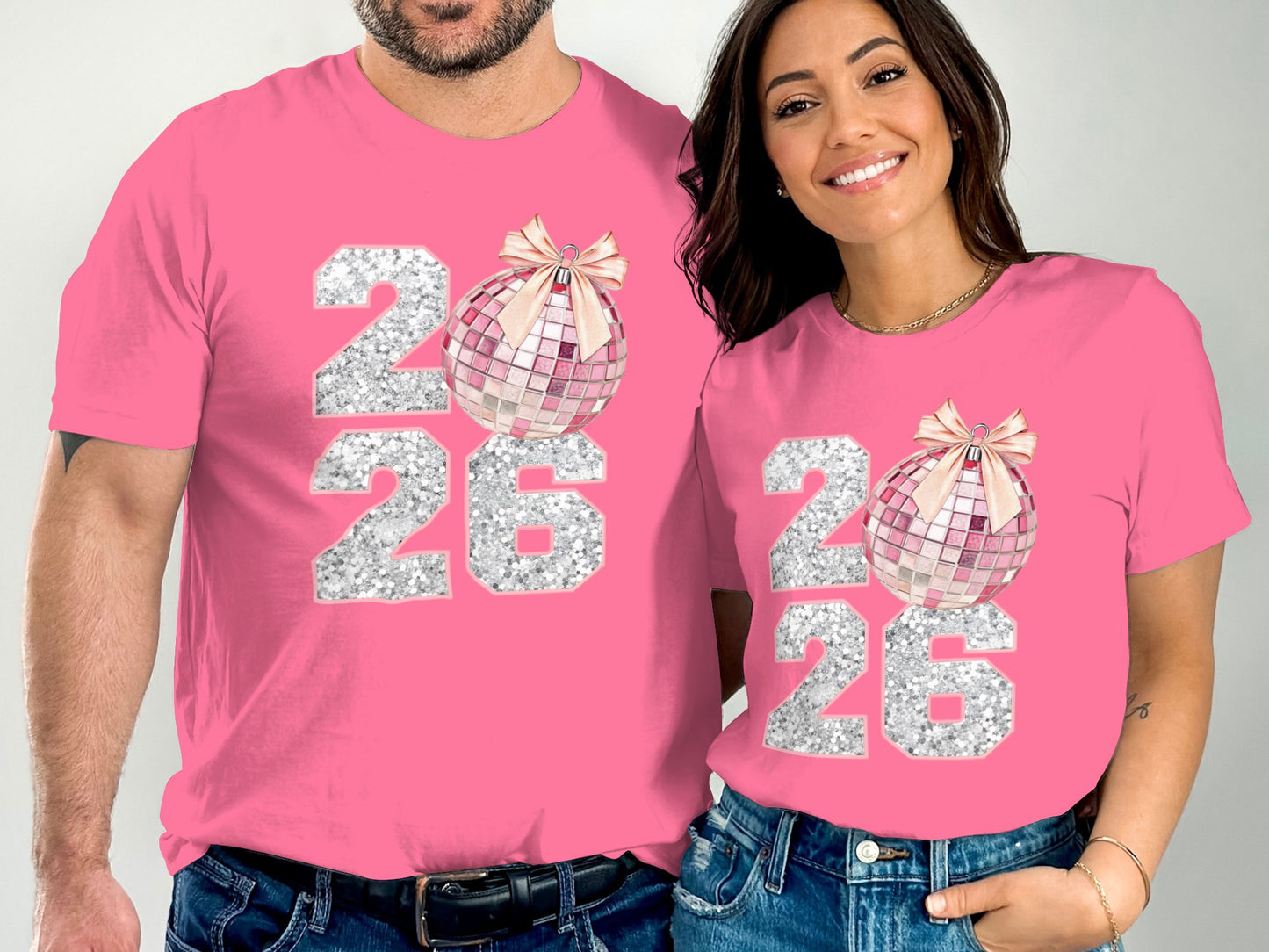 Pink 2026 Glitter Disco Ball Matching Couple Shirt