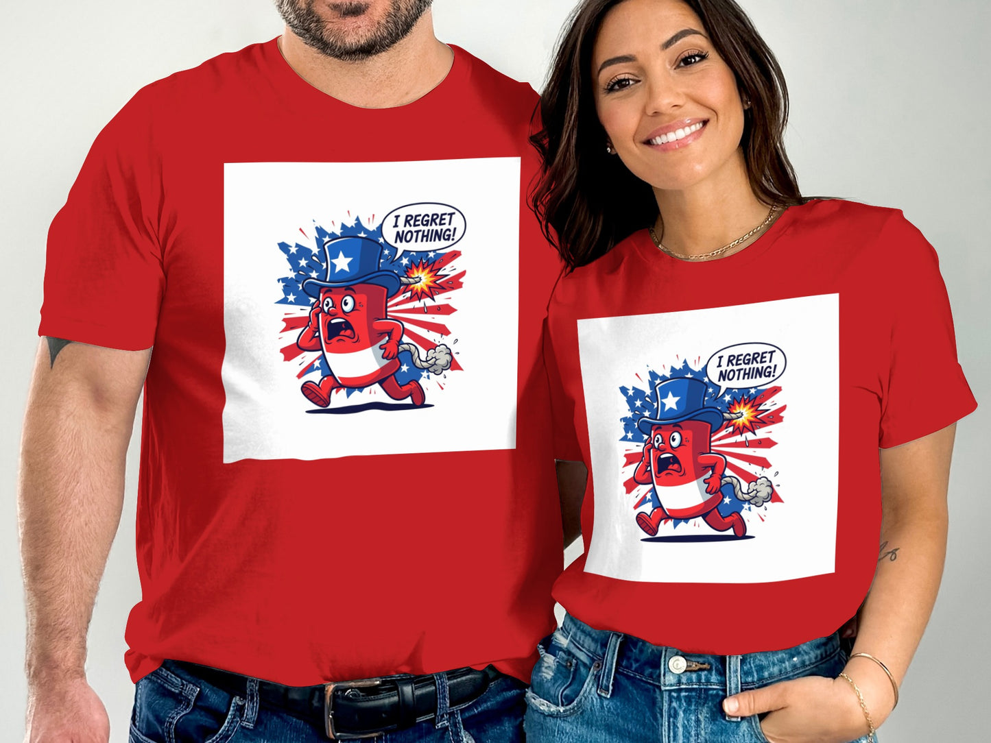 Red t-shirts with a cartoon patriotic character celebrating.