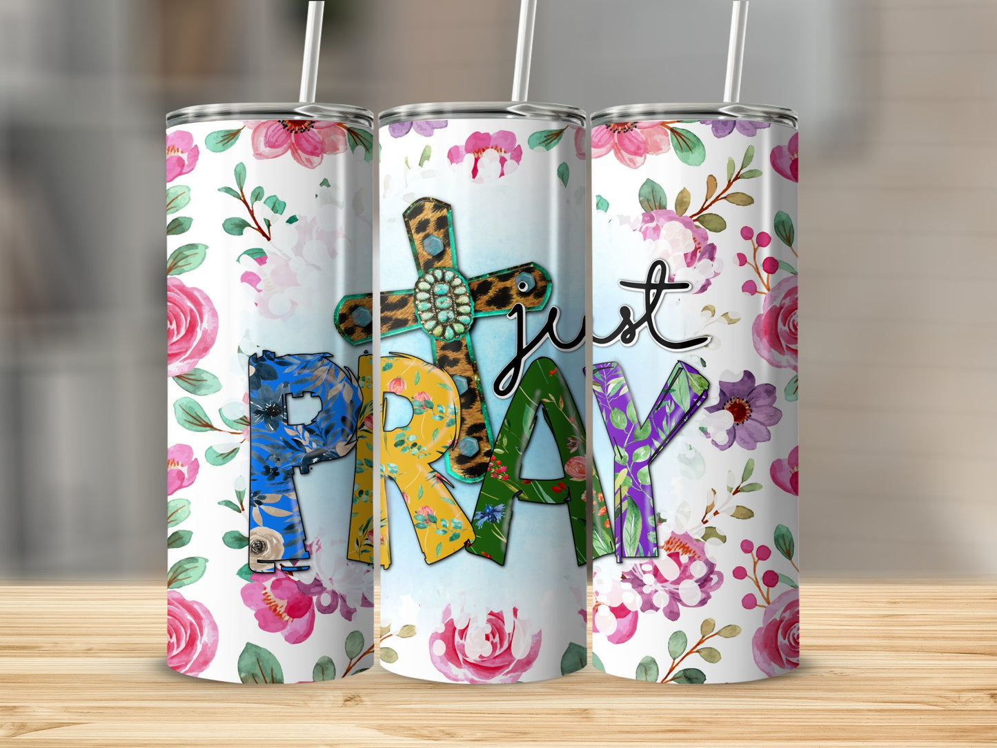 Just Pray Floral Cross Design Tumbler product