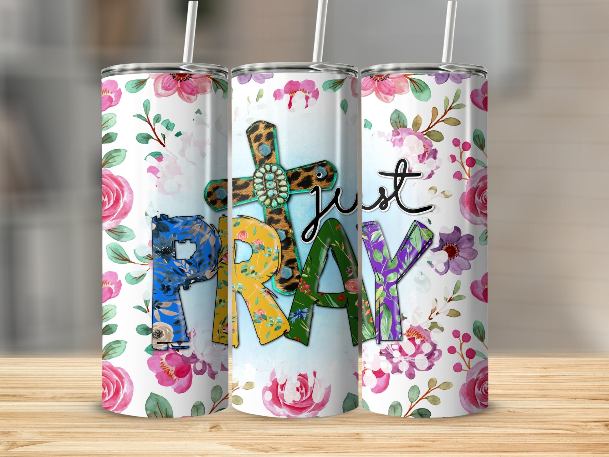 Just Pray Floral Cross Design Tumbler product