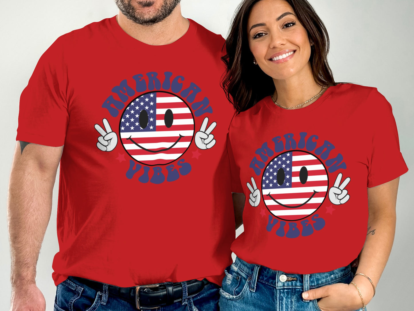 Red t-shirts with American flag smiley faces and "American Vibes" text.
