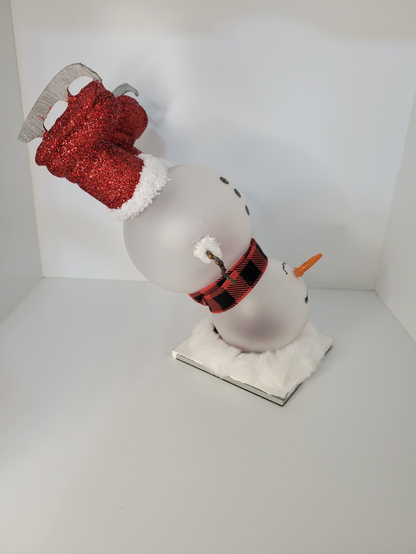 Festive Snowman Figure with Red Glitter Hat Decor Item