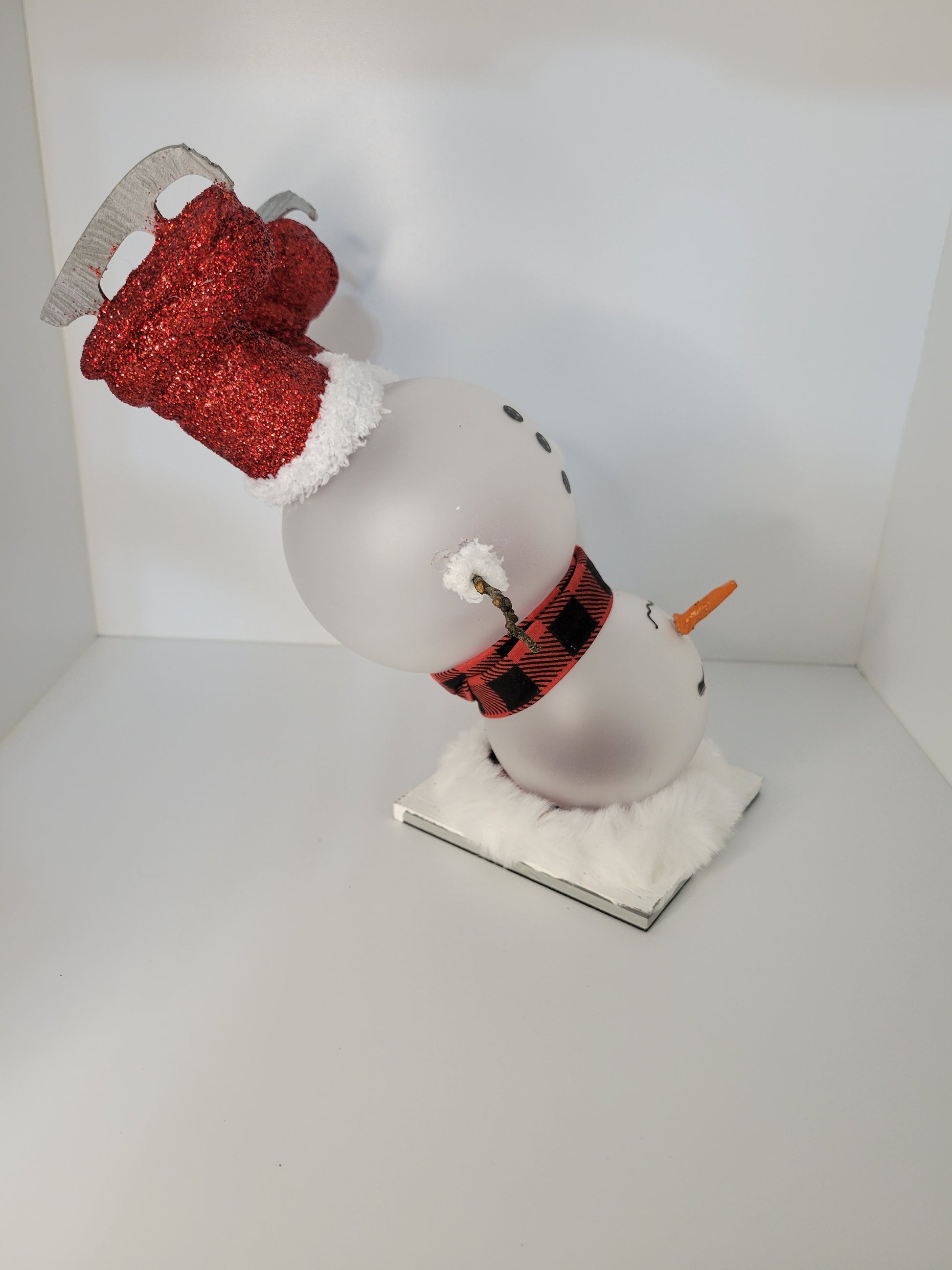 Festive Snowman Figure with Red Glitter Hat Decor Item