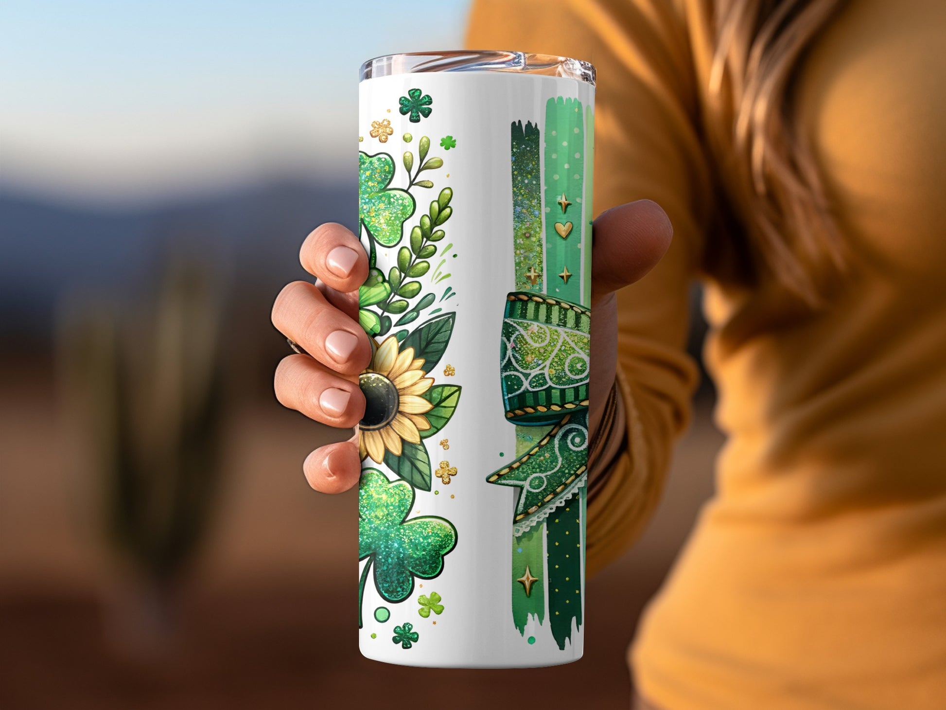 Green Shamrock and Sunflower Themed Tumbler Cup