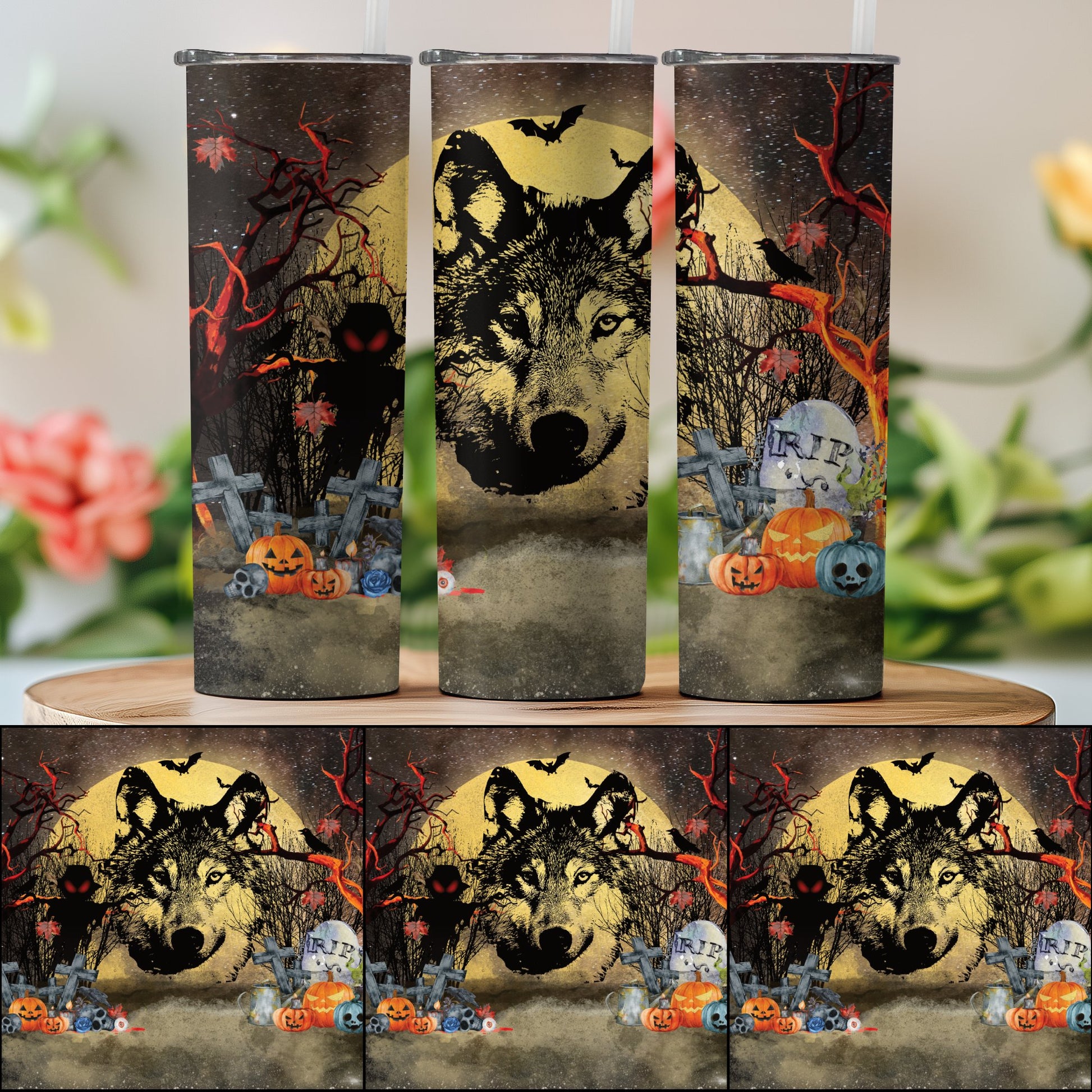 Wolf and Halloween Graveyard Scene Tumbler product type
