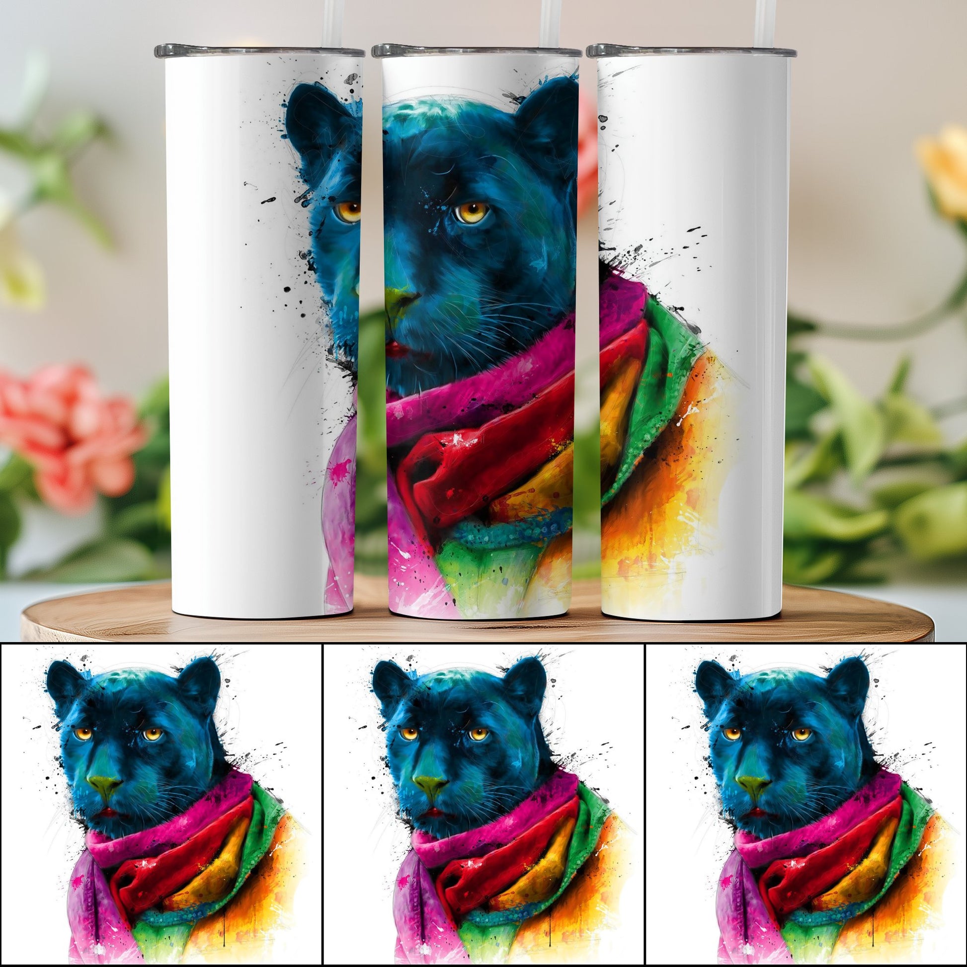 Vibrant Blue Panther with Colorful Scarf Tumbler product