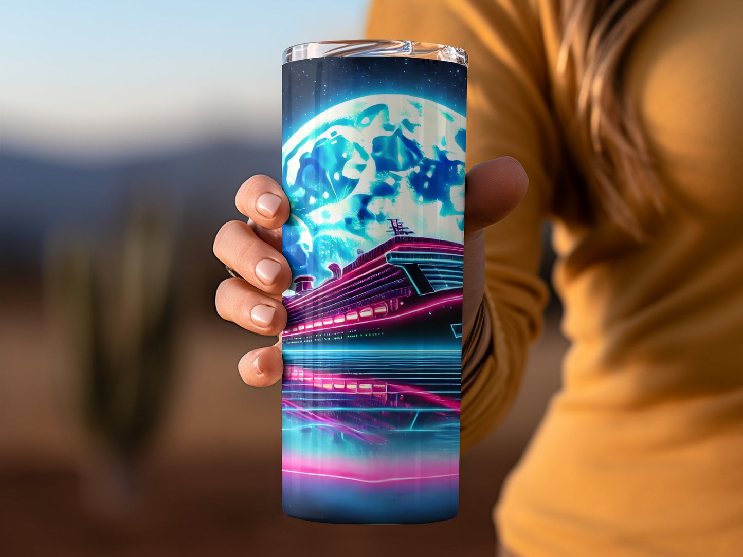 Neon Cruise Ship and Moon Design Tumbler product type