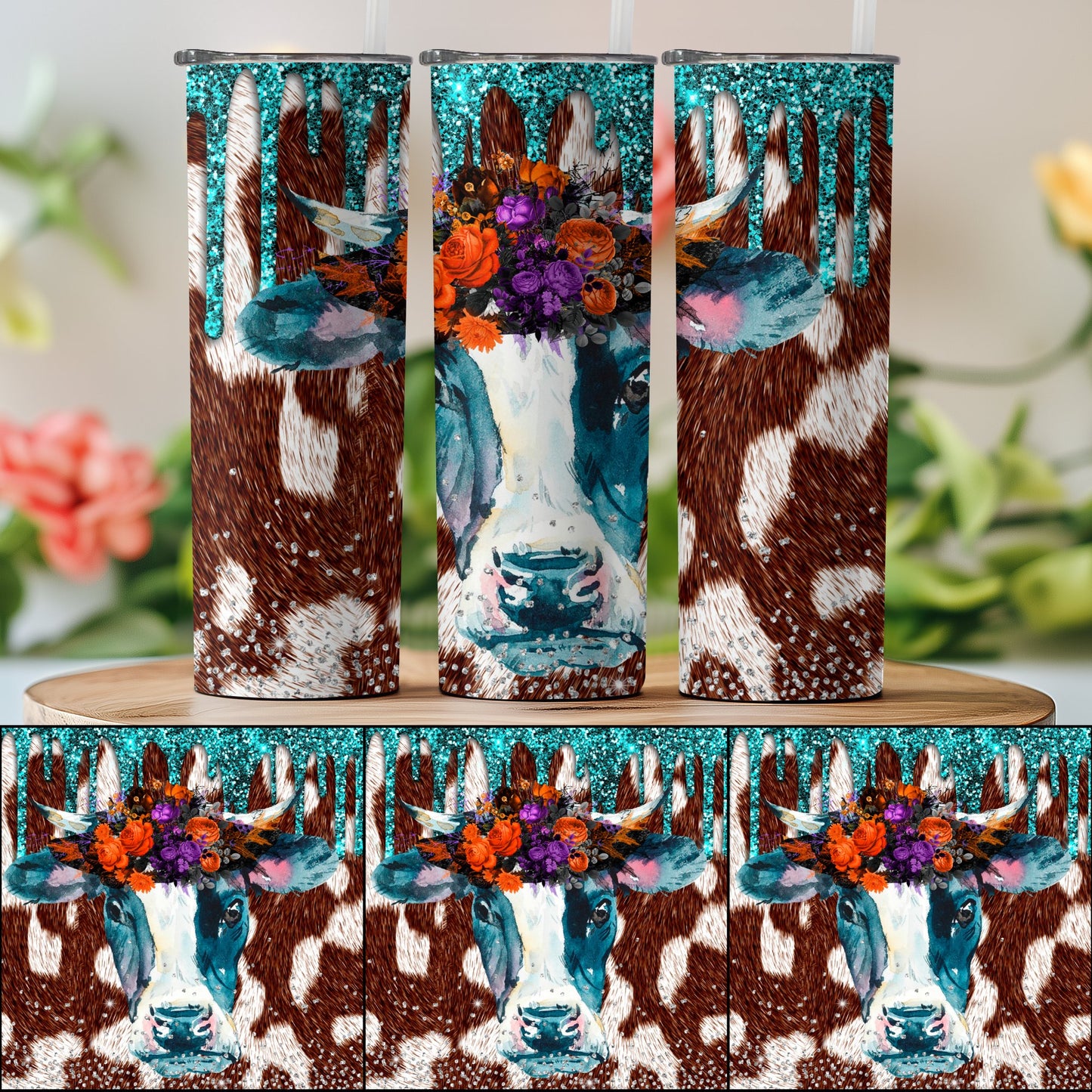 Colorful Cow Floral Art Glitter Tumbler product type
