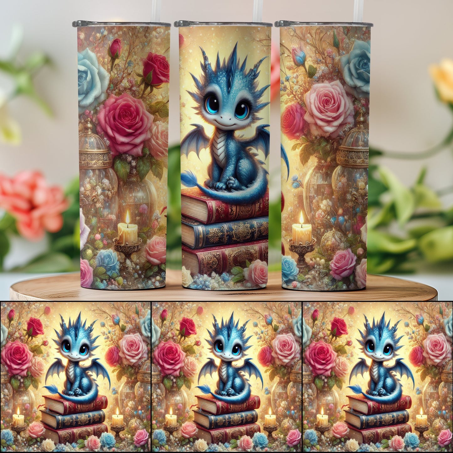 Cute Dragon With Flowers And Books Tumbler product