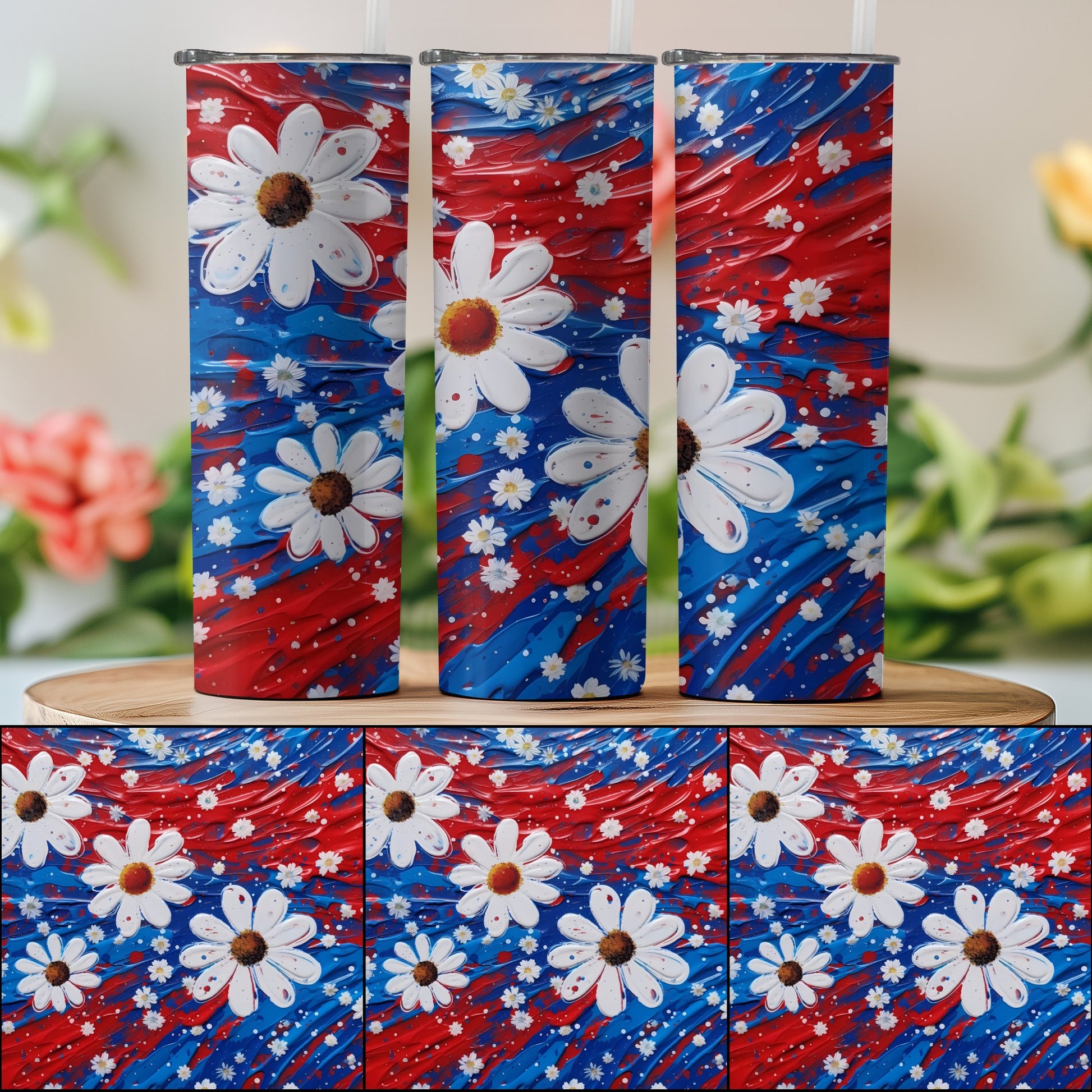 Colorful Daisy and Red Blue White Tumbler product