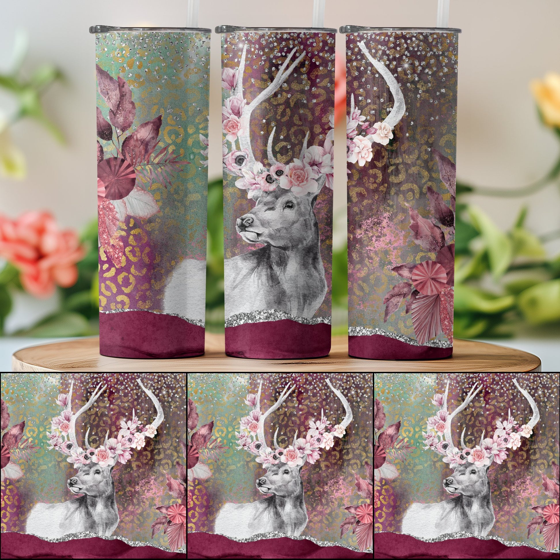 Elegant Deer Art Floral Design Insulated Tumbler product