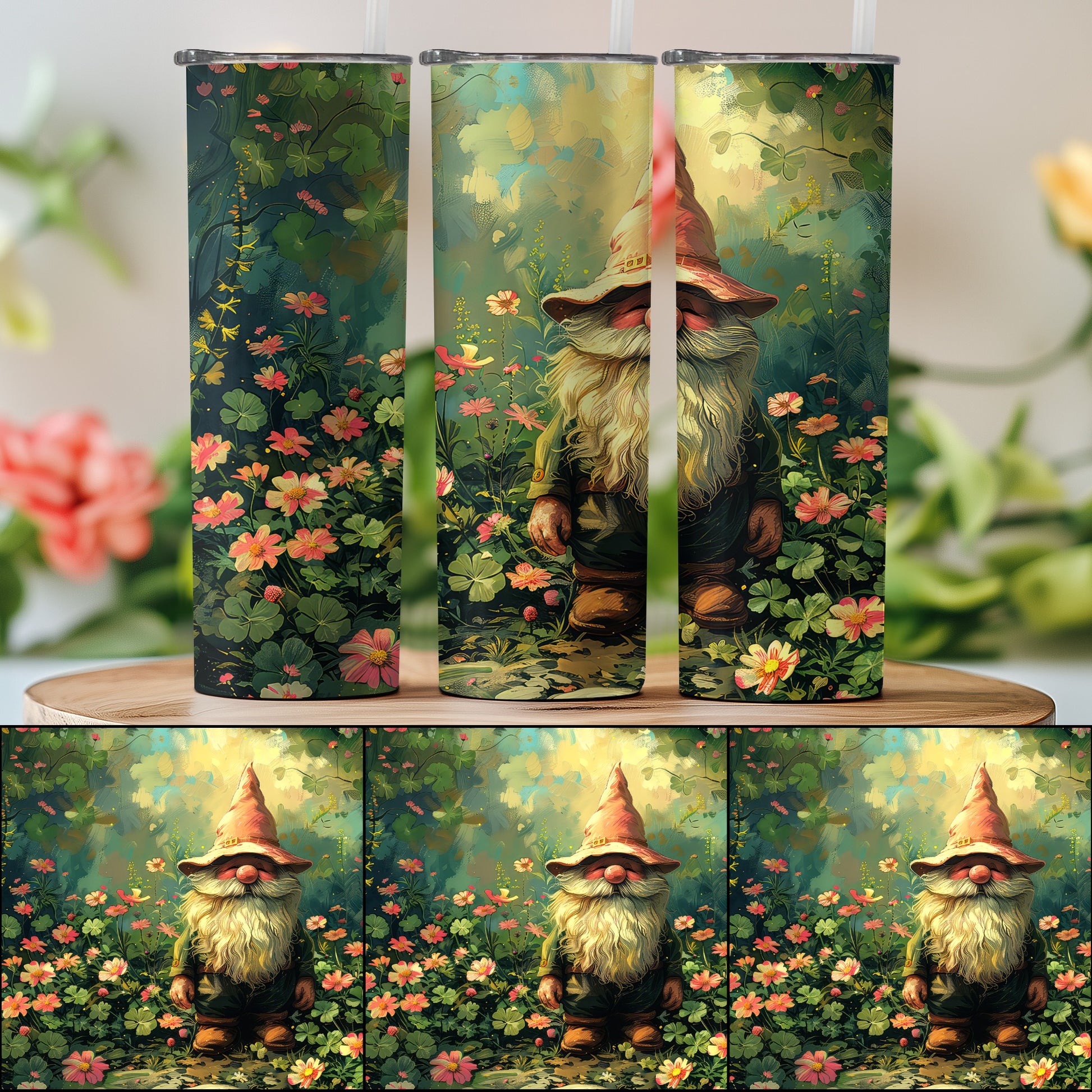 Enchanting Garden Gnome Floral Tumbler Drinkware