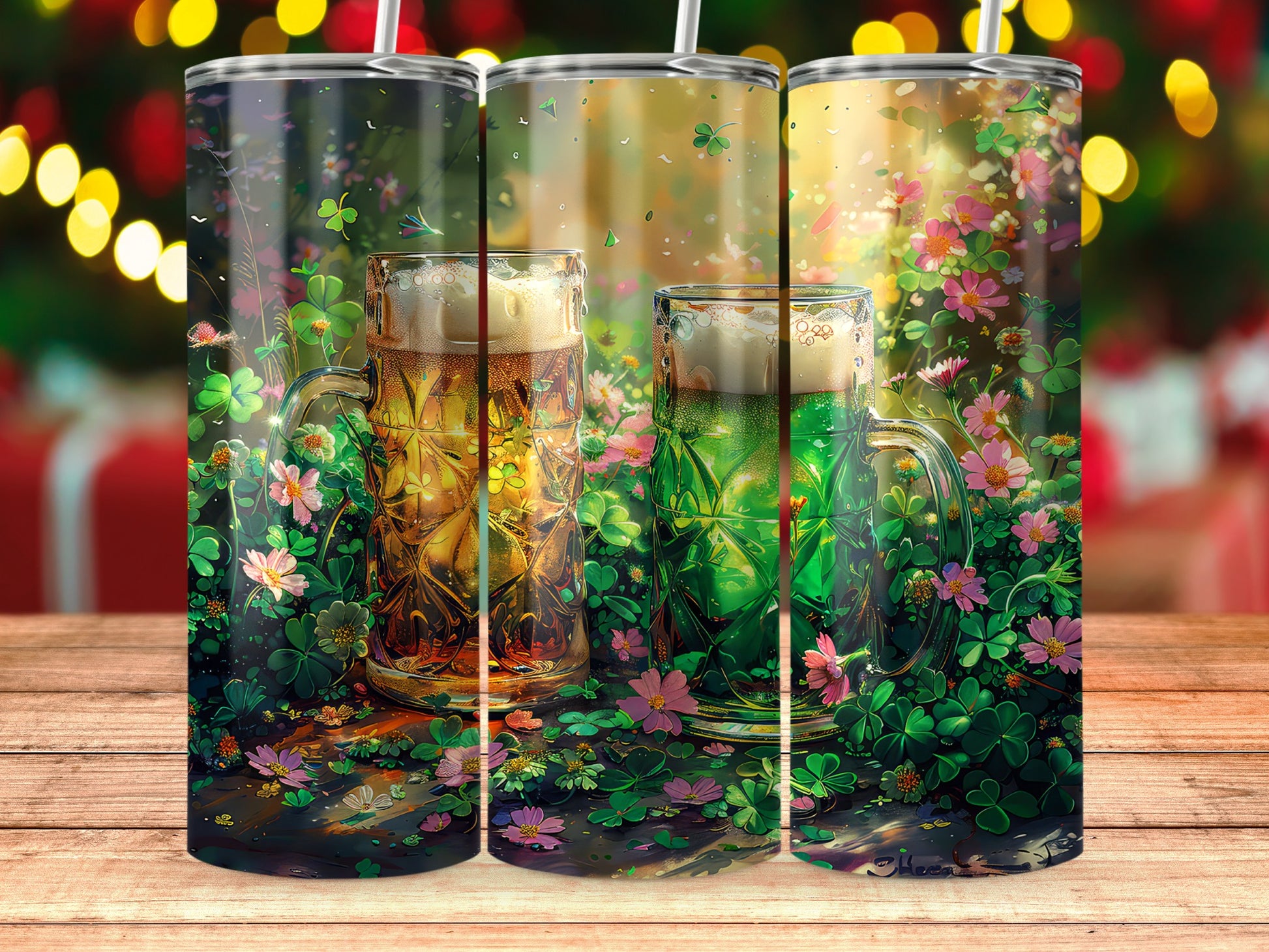 Festive Beer Mug and Shamrock Floral Tumbler Design