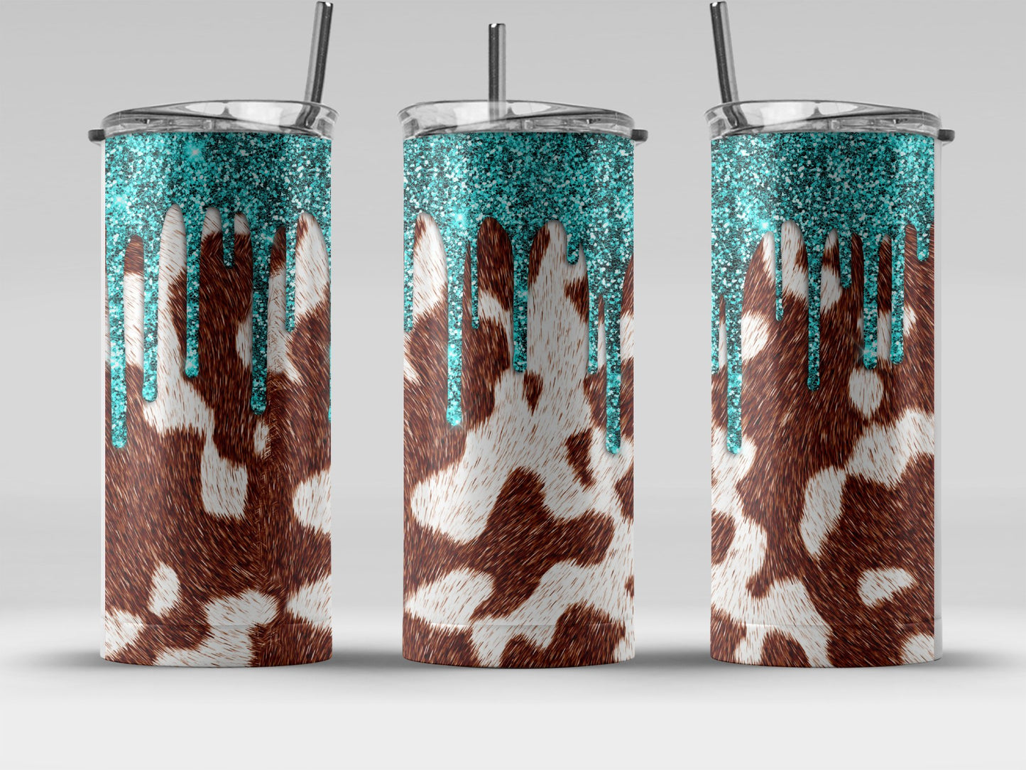 Sparkly Teal and Brown Cow Print Tumbler product