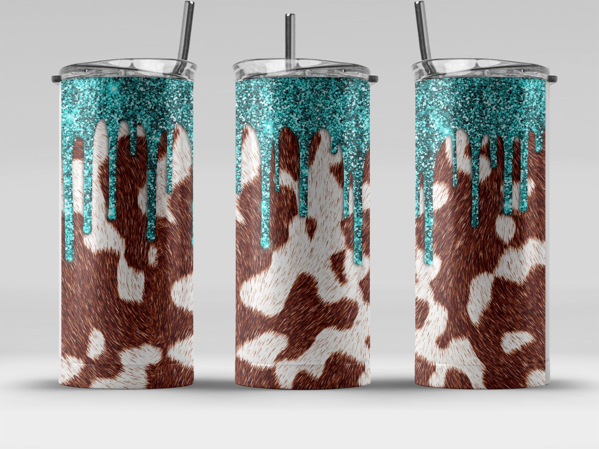 Sparkly Teal and Brown Cow Print Tumbler product