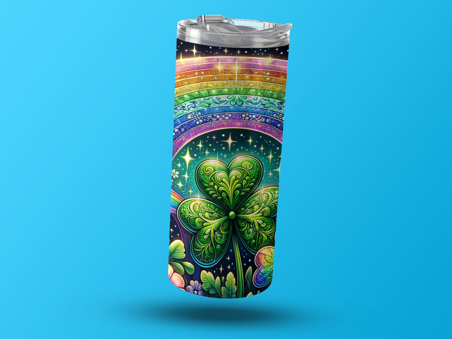Colorful Rainbow and Shamrock Design Tumbler Product