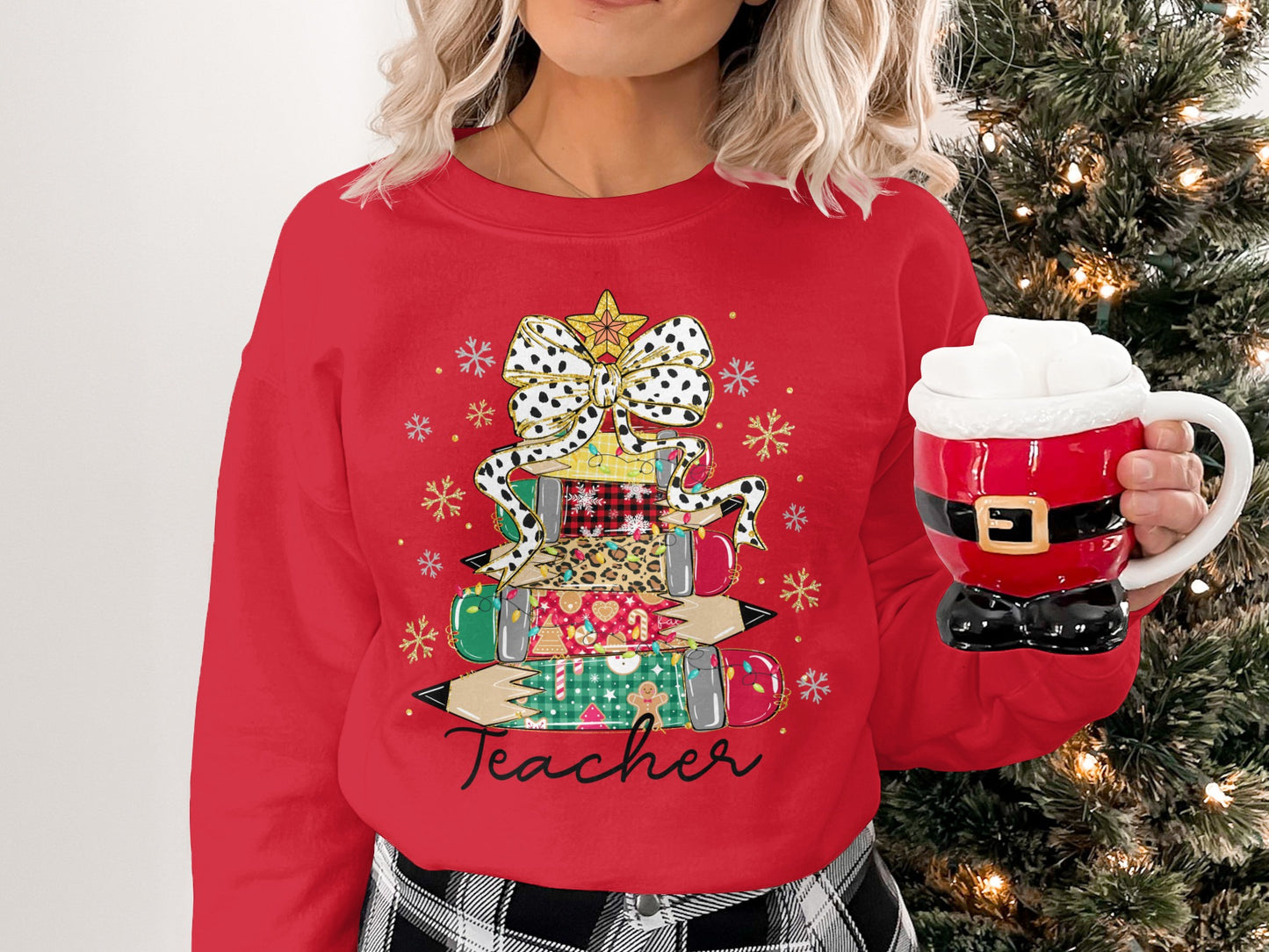 Teacher Holiday Sweatshirt with Santa Mug Design