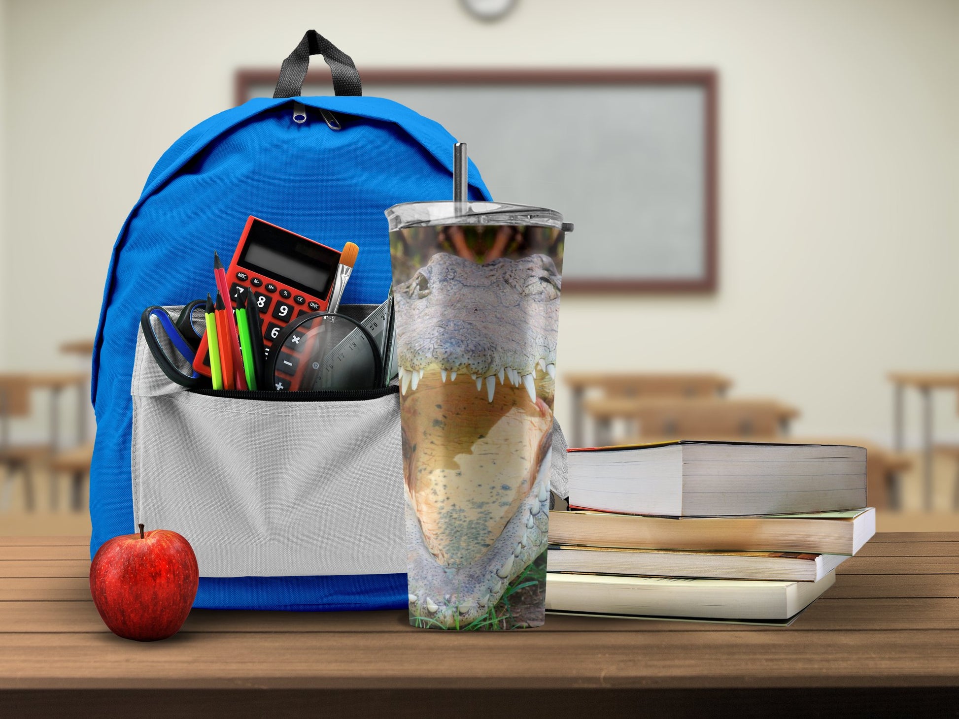 Dinosaur Tumbler with Blue Backpack and School Supplies product