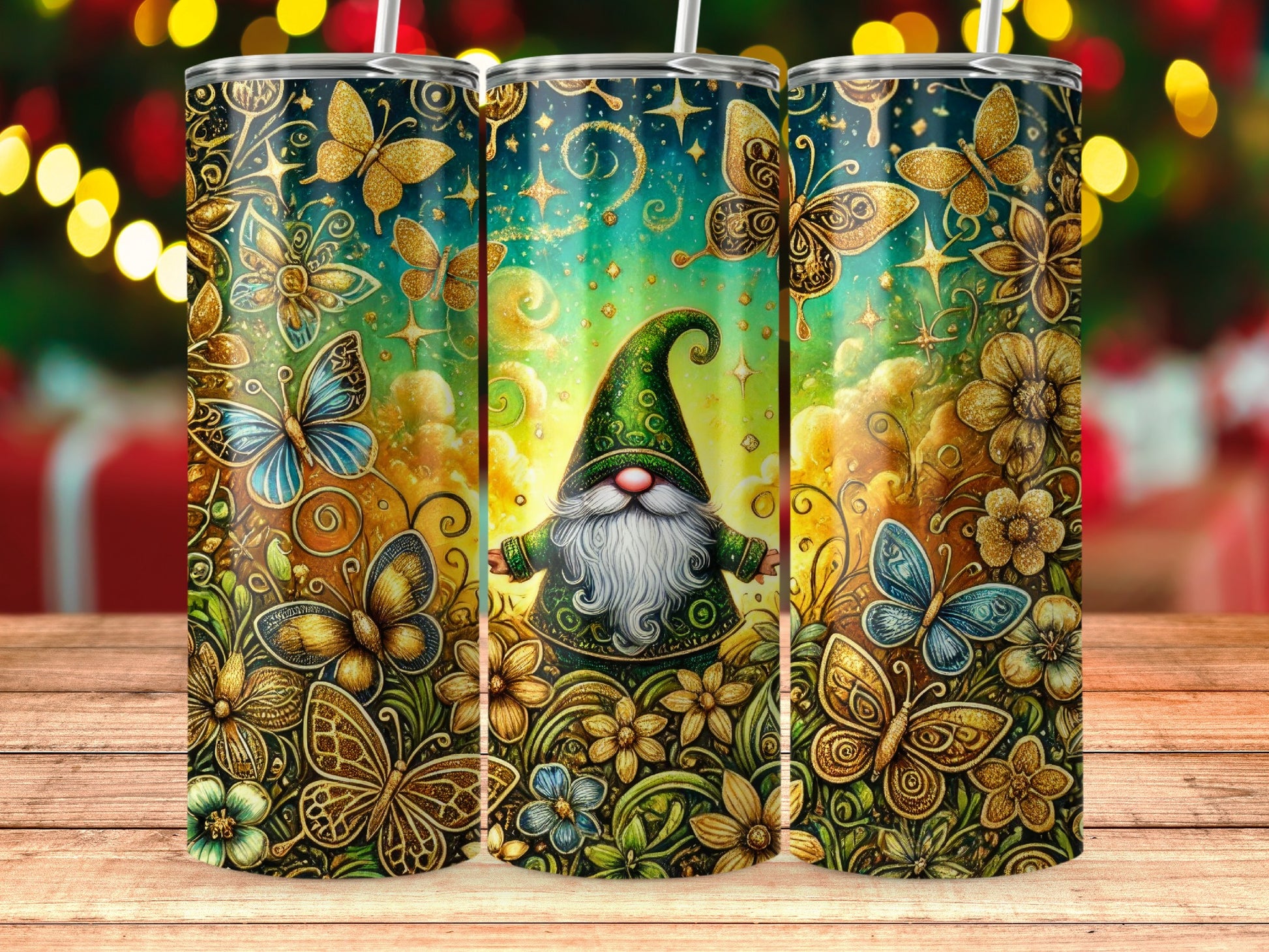 Whimsical Gnome and Butterfly Tumbler with Straw