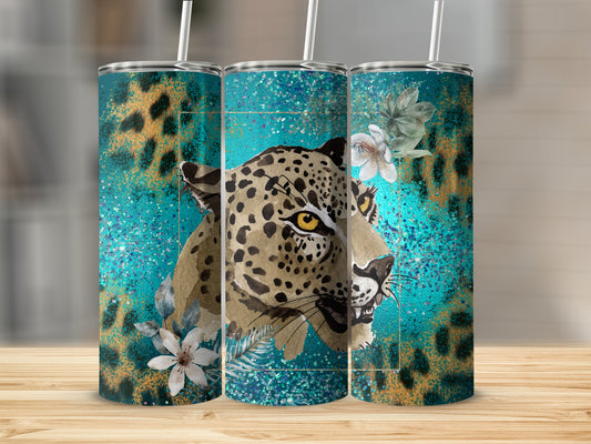 Leopard Head and Florals on Turquoise Glitter Tumbler product