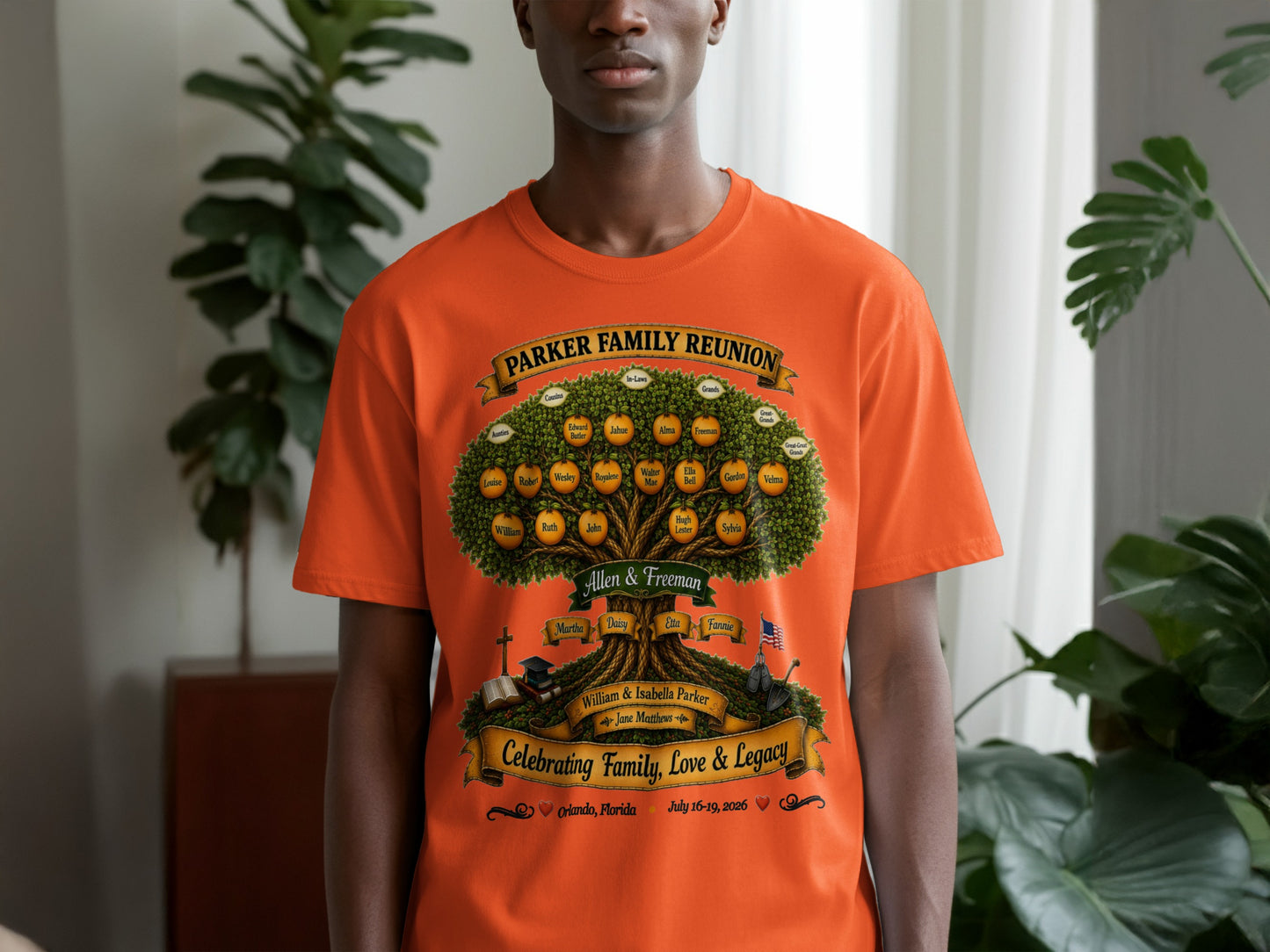 Orange t-shirt with "Parker Family Reunion" tree graphic and reunion details.