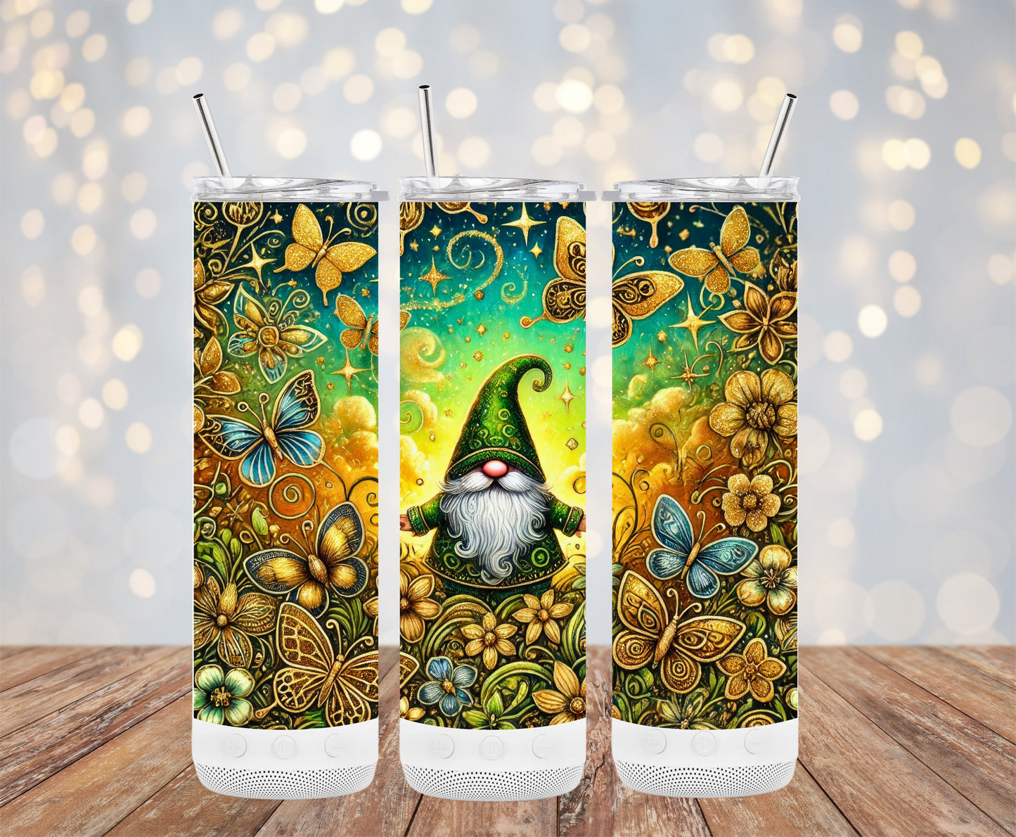 Gnome Magic Golden Floral And Butterfly Tumbler