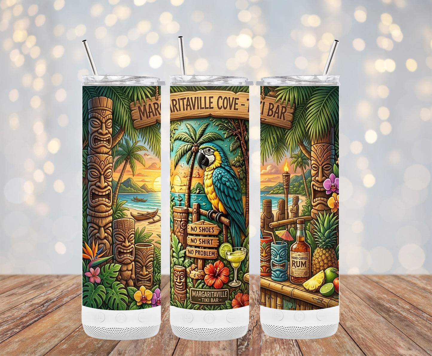 Three tumblers feature tropical tiki bar scenes with parrots, coconuts, and rum.