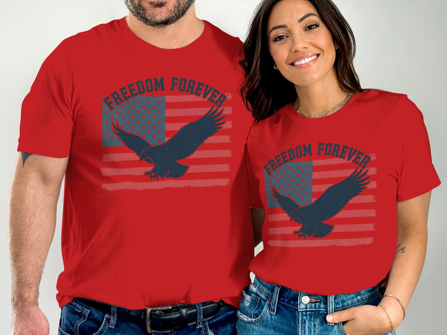 Red t-shirts with "Freedom Forever" and an eagle over a distressed American flag.