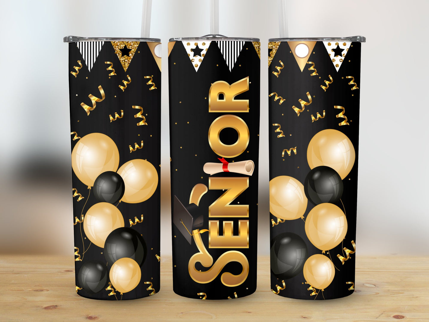 Senior Balloons Black and Gold (Graduation Tumbler)