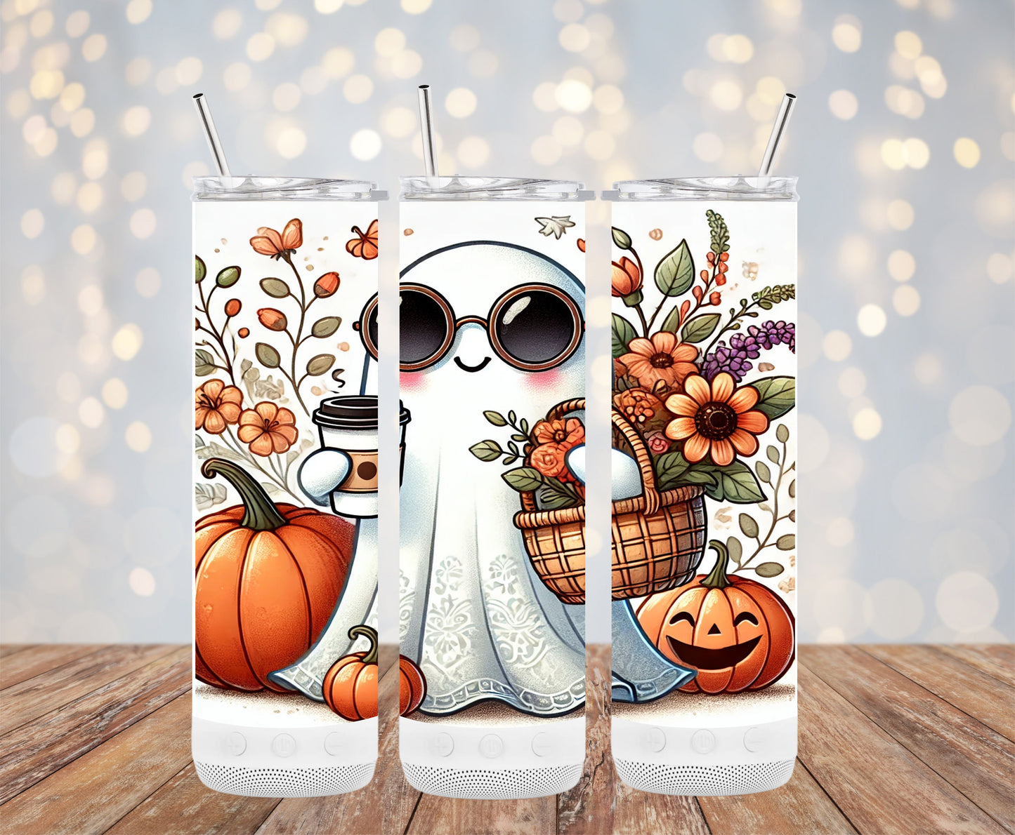 Adorable Ghost with Pumpkins and Flowers Tumblers