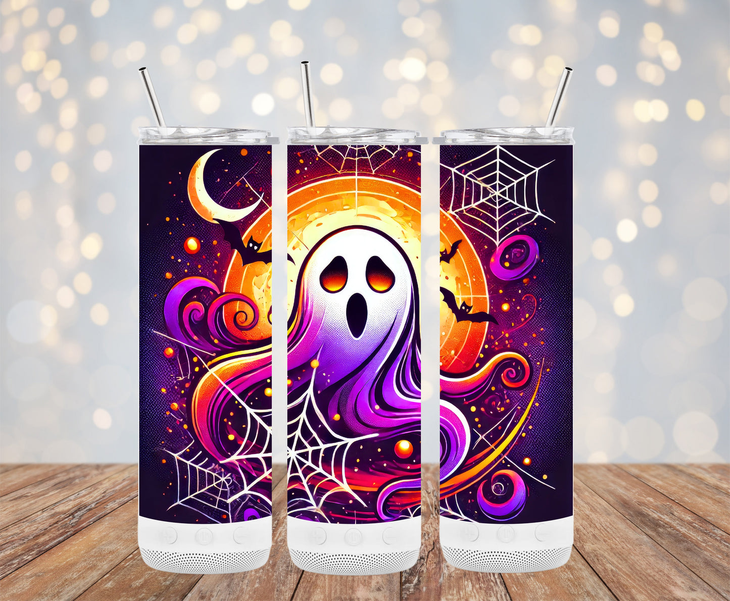 Vivid Halloween Ghost and Bat Design Tumblers