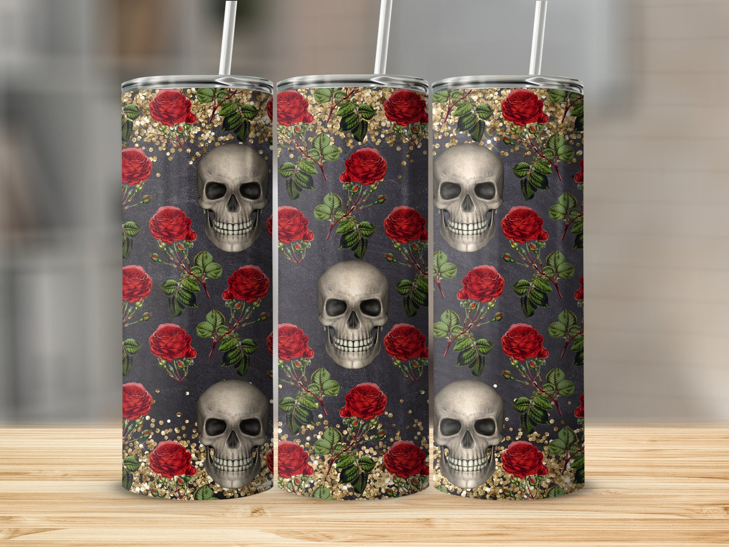 Gothic Skull Tumbler, Red Roses Design, Glitter Pattern, Halloween Gift, Dark Aesthetic, Reusable Drinkware, Unique Skull Art (Halloween Tumblers)