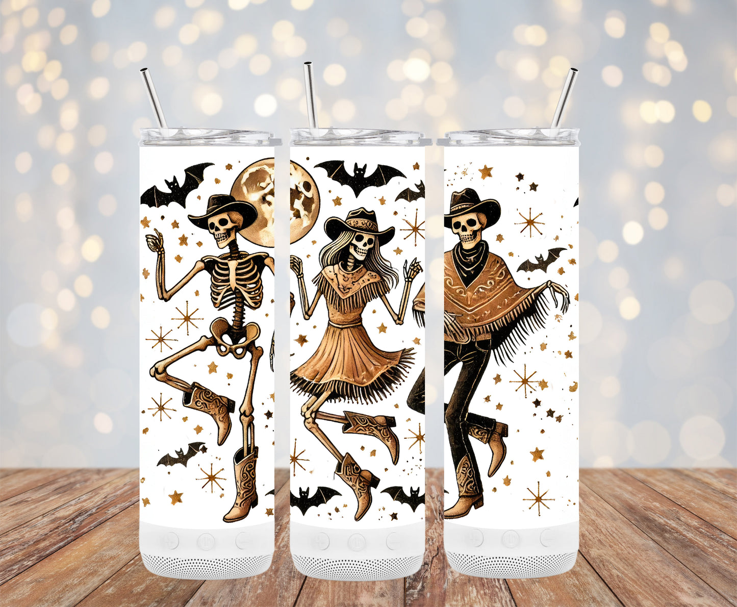 Dancing Skeletons Under Moon with Bats Tumblers