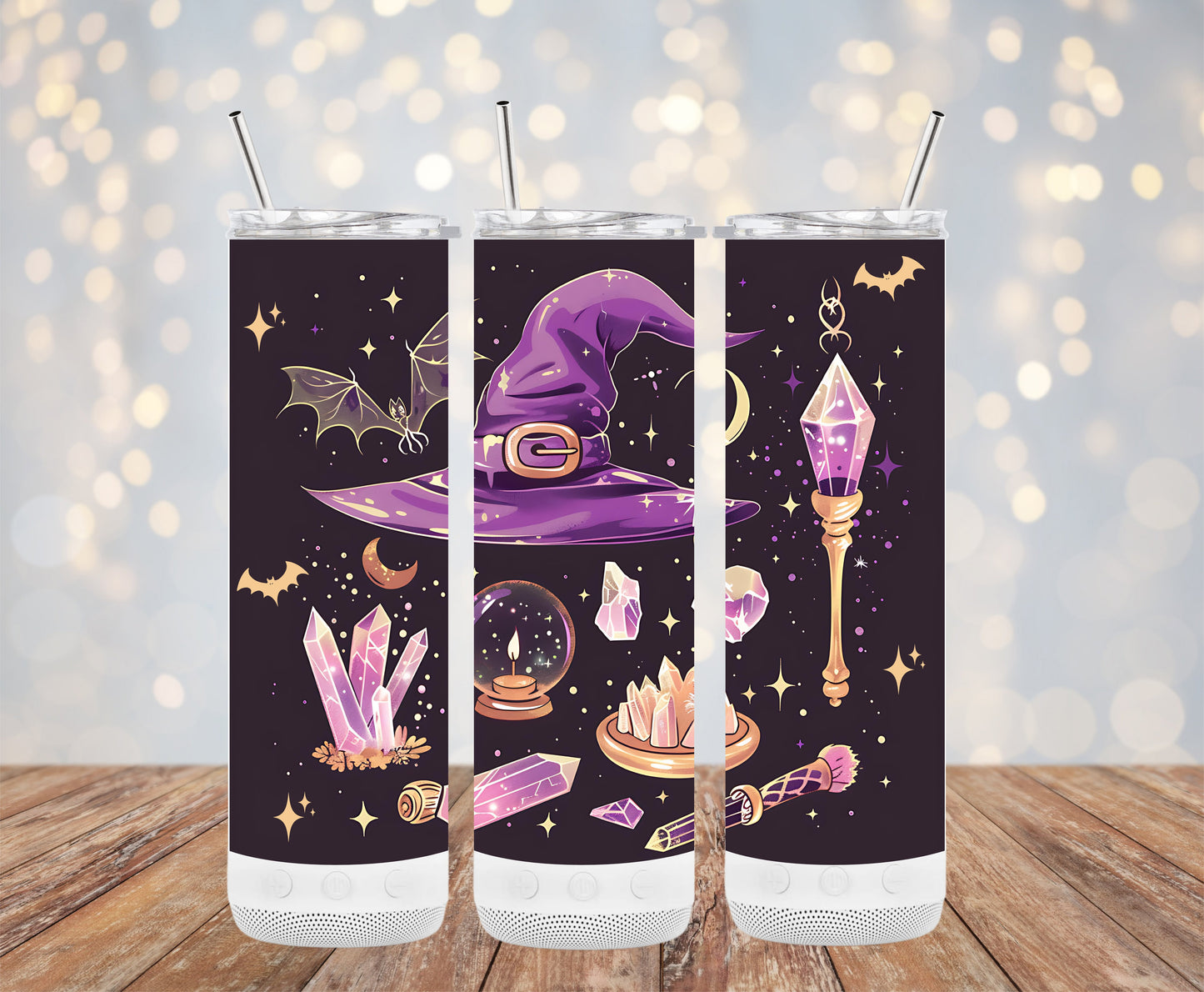 Enchanted Witch Hat with Crystals and Bat Decor Tumblers