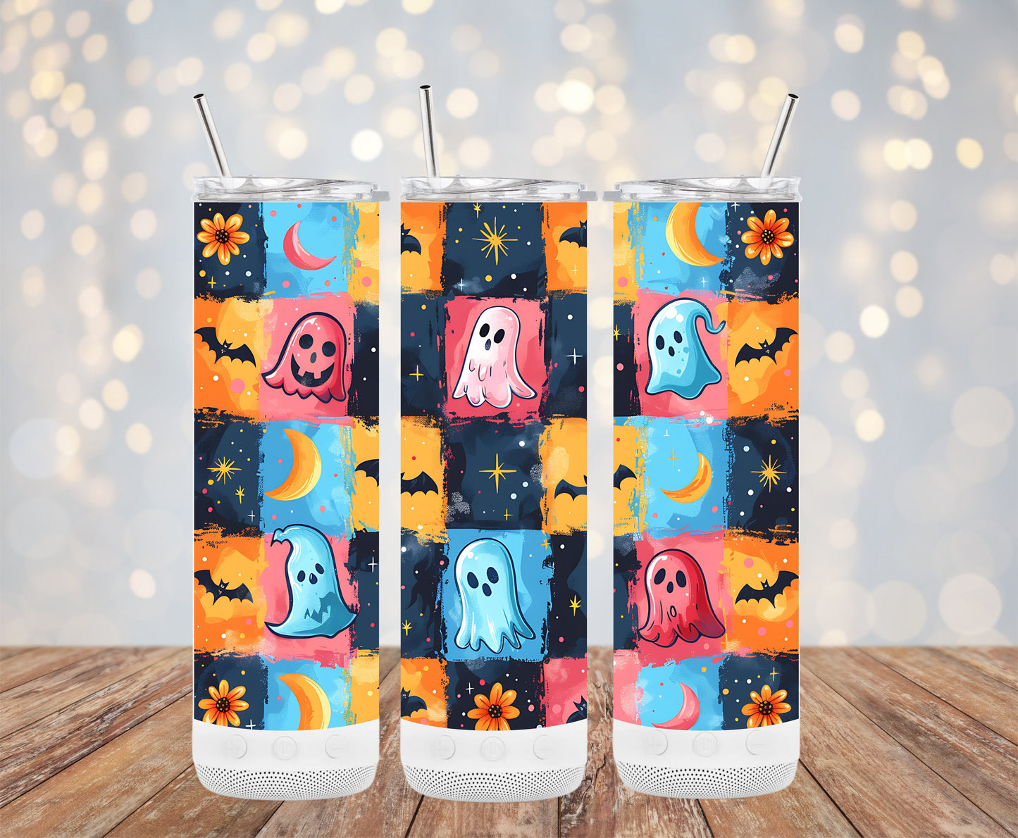 Colorful Ghosts and Bats Pattern Halloween Tumblers