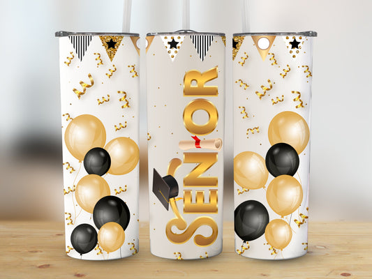 Senior Black and Gold Balloons White Background (Graduation Tumbler)