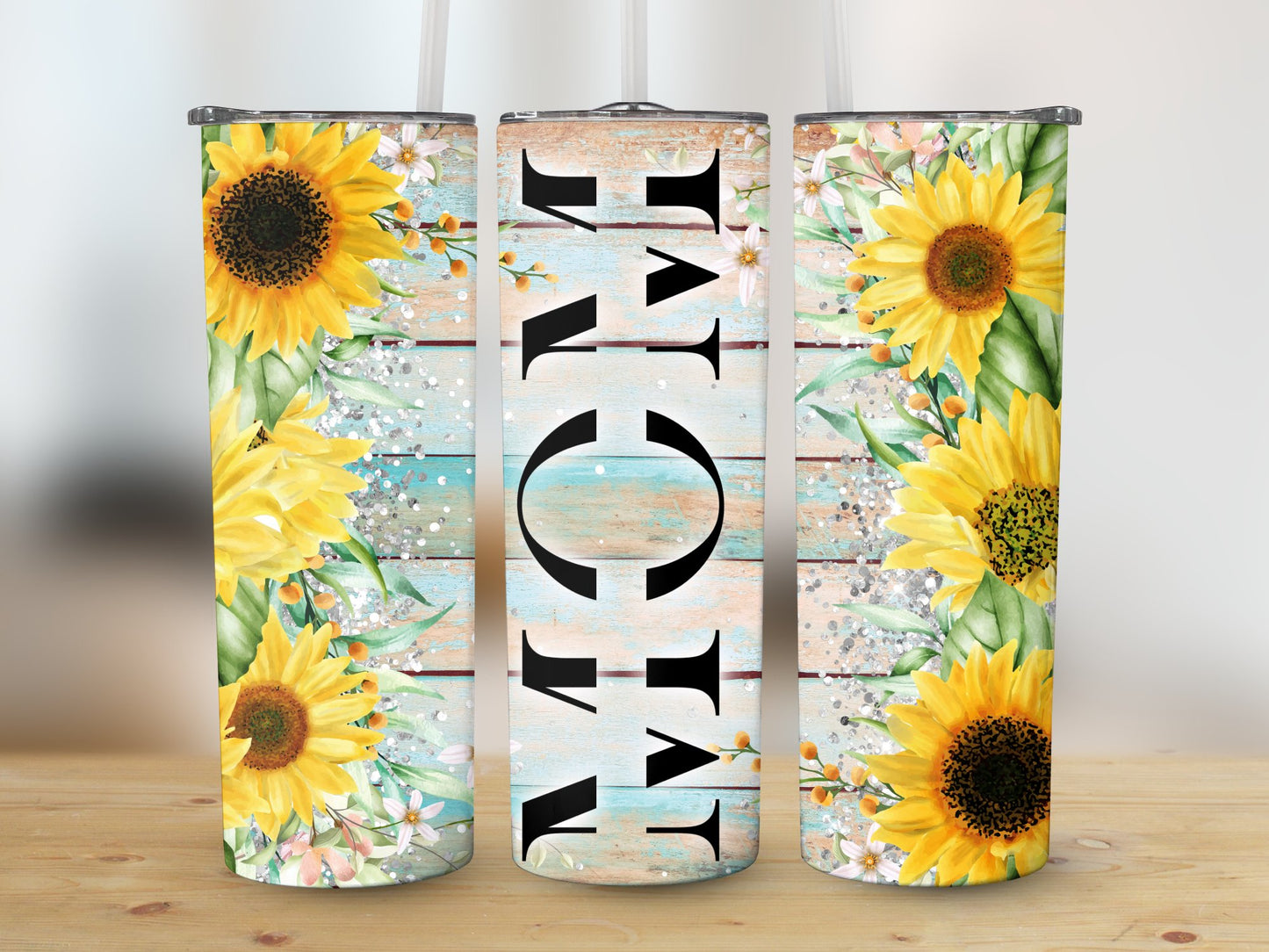 Mom Sunflower Teal Wood Tumbler