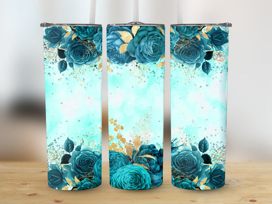 Turquoise Floral Glitter Tumbler