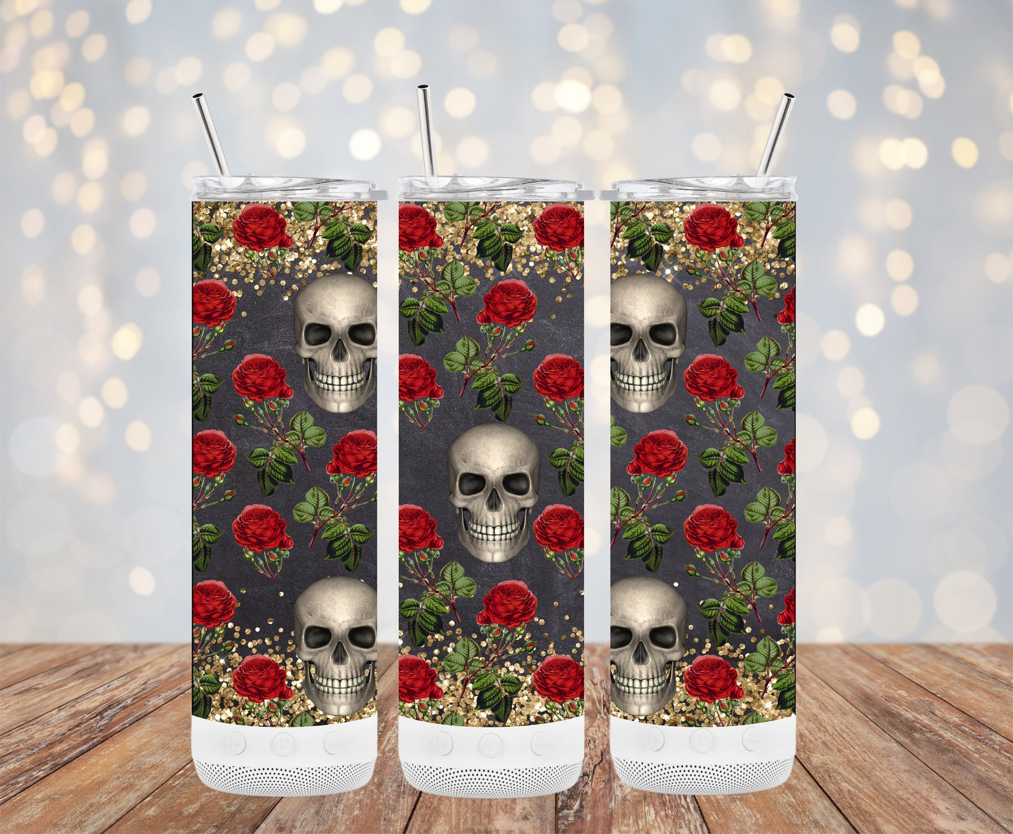 Gothic Skull Tumbler, Red Roses Design, Glitter Pattern, Halloween Gift, Dark Aesthetic, Reusable Drinkware, Unique Skull Art (Halloween Tumblers)